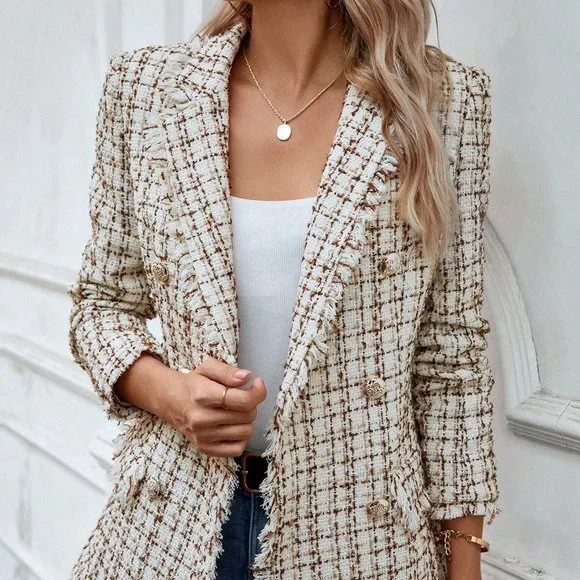 Multicolor Preppy Womens Plaid Pattern Raw Trim Lapel Collar Tweed Blazer - Picture 2 of 5